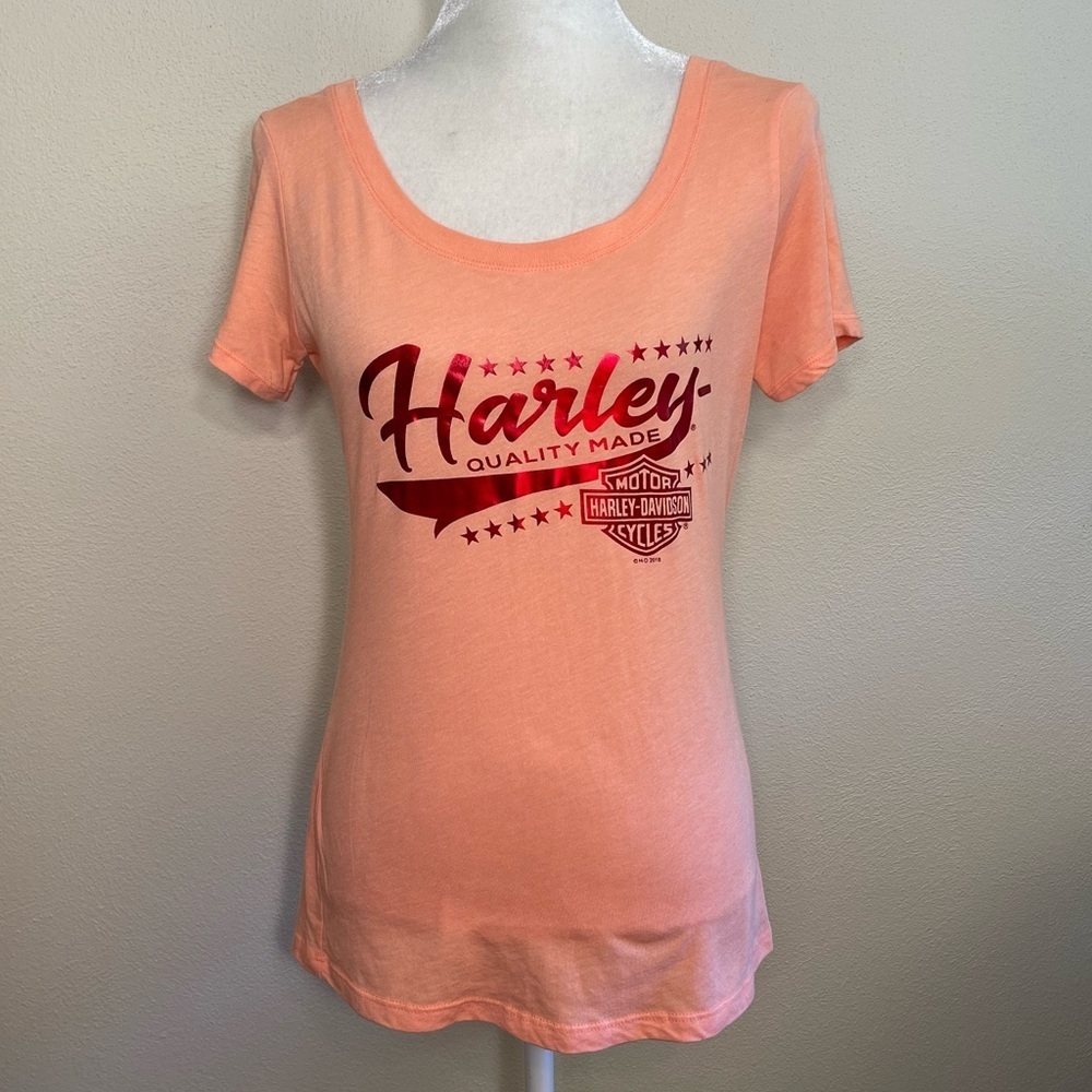 Harley-Davidson Short Sleeve T Shirt Shiny Red Metallic Lettering Logo
